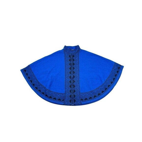 Vintage Wool Cape Keren Hart Blue Black Scandinavian Pattern Zip Front L/XL - Picture 1 of 9
